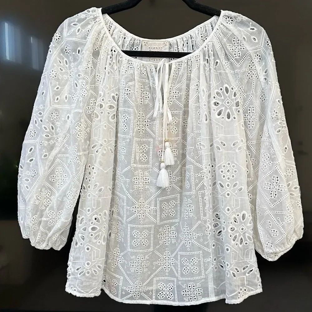 Johnny Was Castillo Eyelet Embroidered Top Blouse White Semi-Sheer, Size XXS